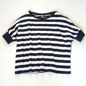 Poof! Super Cute Women’s Nautical Dark Grey Striped Short Sleeve Sweater Top L